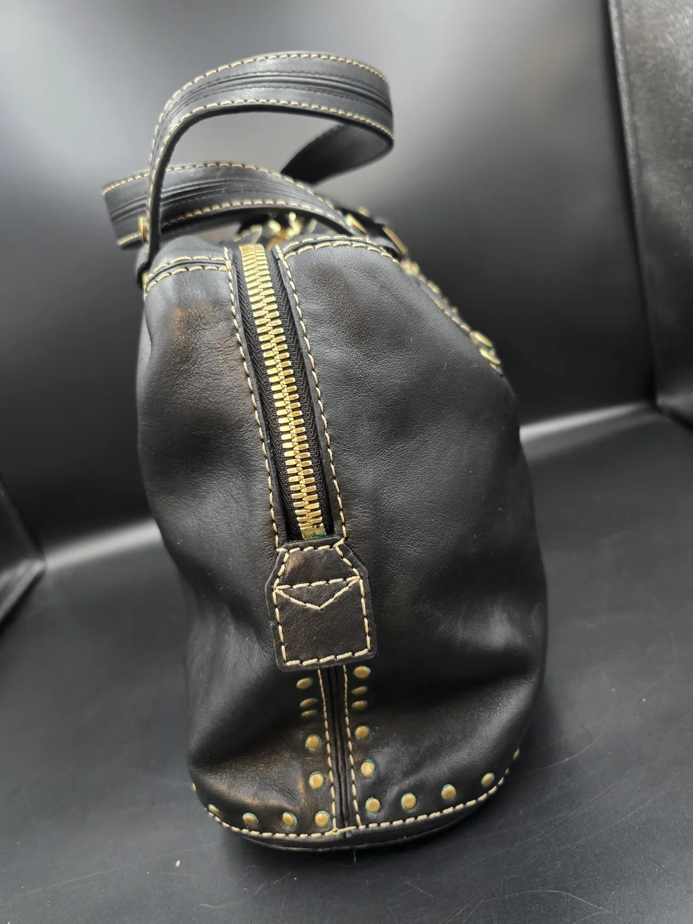 Michael Kors Black Leather Stud-Accent Satchel with Gold Hardware